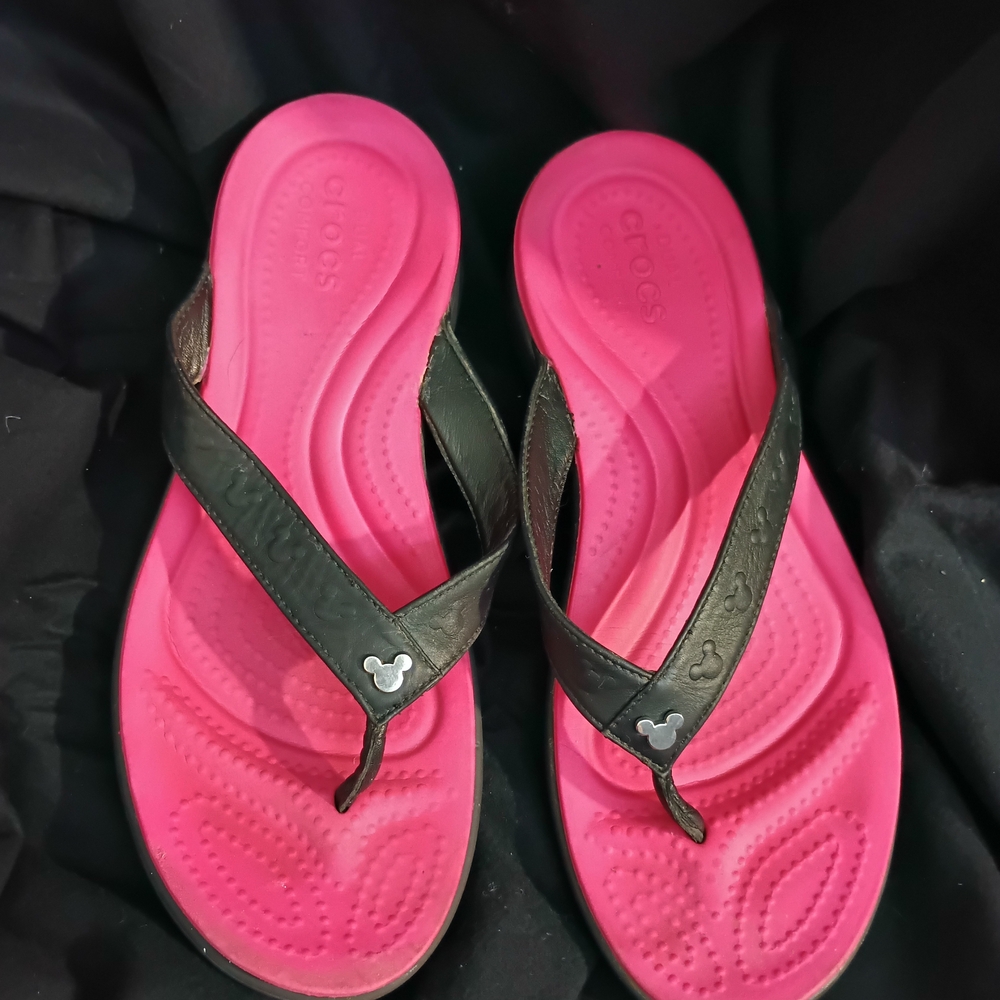 Crocs Pink and Black Flip Flops